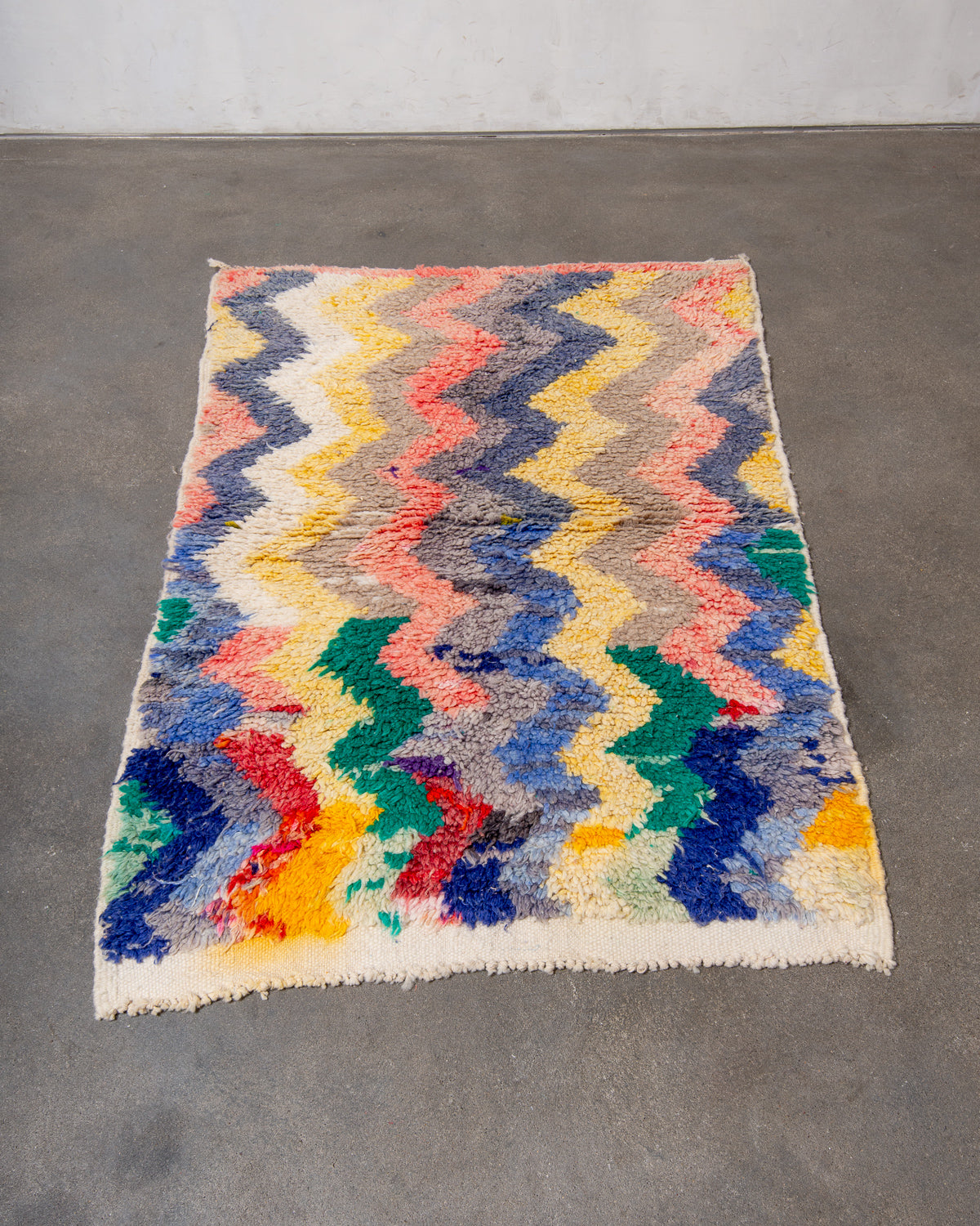 Modern, designer, handcrafted Berber rug from Morocco. Vintage carpet with beautiful colours and patterns and fluffy texture.